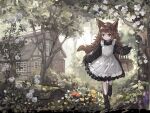  1girl absurdres animal_ears apron basket black_dress brown_hair dress flower forest fox_ears fox_girl fox_tail highres holding holding_basket house log long_hair long_sleeves nature original rokojii rose rural sleeves_past_wrists tail tree white_flower white_rose 