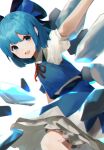  1girl :d absurdres bangs blue_bow blue_hair blue_skirt blue_vest bow cirno commentary eyebrows_visible_through_hair hair_between_eyes hair_bow highres ice ice_wings kurowa_(curowa) looking_at_viewer neck_ribbon open_mouth petticoat puffy_short_sleeves puffy_sleeves red_ribbon ribbon shirt short_hair short_sleeves skirt smile touhou vest white_background white_shirt wings 