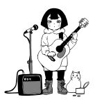  1girl acoustic_guitar amplifier biwa_(heike_monogatari) blush_stickers boots bowl_cut can cat coin contemporary full_body greyscale guitar heike_monogatari heterochromia highres hood hoodie instrument long_hoodie microphone microphone_stand monochrome onsen_tamago_(hs_egg) open_can short_hair simple_background white_background 