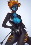 2022 absurd_res anthro artist_name big_breasts black_body black_fur blue_body blue_fur breasts clothing eyebrows eyelashes fangs felid female fur furlana hair hand_on_hip hi_res holding_object holding_riding_crop leotard looking_at_viewer mammal multicolored_body multicolored_fur nipple_slip orange_eyes orange_hair patreon pink_nose riding_crop short_hair signature simple_background smile solo standing stripes text two_tone_body two_tone_fur url whip white_background 