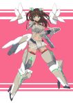  1girl alice_gear_aegis black_gloves breasts brown_hair brown_shorts caguya cleavage clenched_hand dark-skinned_female dark_skin floating_hair gloves green_eyes highres holding holding_sword holding_weapon kaneshiya_sitara large_breasts looking_at_viewer mecha_musume midriff navel pink_background shorts skindentation smile solo sword two_side_up v-shaped_eyebrows weapon 