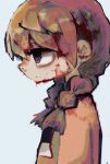  1girl bags_under_eyes blood blood_in_hair blood_on_face braid brown_hair commentary_request dot_nose from_side highres long_hair madotsuki oimo_160 pink_sweater profile simple_background solo sweater tearing_up twin_braids unusually_open_eyes upper_body yume_nikki 