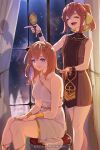  2girls absurdres bare_shoulders blue_eyes braid brown_hair brushing_another&#039;s_hair casual choker closed_eyes commission delthea_(fire_emblem) fire_emblem fire_emblem_echoes:_shadows_of_valentia hair_ribbon highres indoors multiple_girls original ribbon ritence 