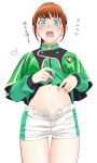  1girl animification breasts brown_hair capelet green_capelet green_eyes green_jacket hayami_sena highres jacket looking_at_viewer mashin_sentai_kiramager navel nori_(norimakigumo) open_mouth shorts simple_background solo super_sentai unzipped white_background white_shorts 