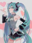  1girl bangs black_skirt blush breasts clenched_hands collared_shirt commentary detached_sleeves eyebrows_visible_through_hair grey_background grey_shirt hand_on_hip hatsune_miku headset heart long_hair lunar_(lunar_815) puckered_lips shirt skirt sleeveless sleeveless_shirt small_breasts solo twintails very_long_hair vocaloid 