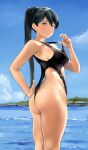  1girl ass bangs bare_shoulders beach black_hair black_swimsuit blue_eyes blue_sky breasts highleg highleg_swimsuit highres houshou_(kancolle) kantai_collection large_breasts long_hair looking_at_viewer one-piece_swimsuit ponytail sky smile solo swimsuit thighs wa_(genryusui) 
