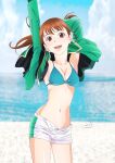  1girl animification bikini bikini_top_only breasts brown_eyes brown_hair capelet collarbone green_capelet green_jacket hayami_sena highres jacket looking_at_viewer mashin_sentai_kiramager navel nori_(norimakigumo) open_mouth shorts smile solo super_sentai swimsuit unzipped white_shorts 