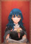  1girl armor bangs blue_eyes blue_hair breasts byleth_(fire_emblem) byleth_(fire_emblem)_(female) cape closed_mouth fire_emblem fire_emblem:_three_houses framed grey_cape hair_between_eyes long_hair looking_at_viewer medium_breasts red_background robaco shiny shiny_hair shoulder_armor smile solo straight_hair twitter_username 