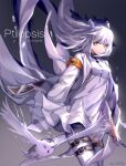  1girl arknights armband artist_name bird character_name coat copyright_name cowboy_shot dress elite_ii_(arknights) flying_animal gradient gradient_background holding holding_staff looking_at_another owl ptilopsis_(arknights) shorts solo staff white_background white_coat white_dress white_hair yusan 