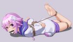  1girl absurdres bare_legs barefoot bdsm bondage bound bound_arms commission d-pad d-pad_hair_ornament gagged hair_between_eyes hair_ornament highres looking_at_another neptune_(neptune_series) neptune_(series) purple_eyes purple_hair restrained rope short_hair sidelocks solo wo_cao_xiao 