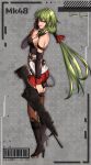  1girl absurdres annno_ans back bangs barcode bare_shoulders black_footwear black_gloves black_legwear blush boots breasts character_name commentary commission crop_top eyebrows_visible_through_hair full_body girls&#039;_frontline gloves green_hair gun hair_ornament hairclip hand_on_own_face high_heel_boots high_heels highres holding holding_gun holding_weapon large_breasts legs long_hair looking_at_viewer looking_to_the_side machine_gun mk48 mk48_(girls&#039;_frontline) open_mouth parted_lips ponytail red_eyes red_shorts shorts sideboob simple_background single_glove skeb_commission sleeveless smirk solo standing thighhighs weapon 