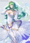  1girl artist_name blush breasts bridal_veil cecilia_(fire_emblem) cleavage conope cowboy_shot dress elbow_gloves fire_emblem fire_emblem:_the_binding_blade fire_emblem_heroes flower gloves green_eyes green_hair large_breasts long_dress long_hair looking_at_viewer official_alternate_costume simple_background smile solo strapless strapless_dress veil wedding_dress white_gloves 