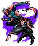  animal_hood armor black_armor black_nails blue_eyes demon_boy driver_(kamen_rider) gloves highres hood kamen_rider kamen_rider_revi kamen_rider_revice kamen_rider_vice kintsuba_(kintsuba_08) leg_up lunging male_focus pink_footwear pink_gloves pink_scarf red_eyes revice_driver rex_genome rider_belt scarf sharp_teeth stamp_mark teeth tokusatsu tyrannosaurus_rex vistamp waterpaint white_background 