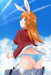  1girl animal_ears ass blazer blue_eyes blush breasts butt_crack charlotte_e._yeager closed_mouth contrail eyebrows_visible_through_hair flying from_behind jacket kukoroko large_breasts long_hair looking_at_viewer looking_back orange_hair panties rabbit_ears rabbit_tail red_jacket shiny shiny_hair sky smile solo strike_witches striker_unit tail underwear white_panties world_witches_series 
