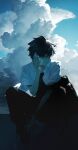  1boy bangs black_hair black_pants blue_sky cellphone closed_mouth cloud full_body highres holding holding_phone male_focus original outdoors pants phone rella shirt short_hair sitting sky smartphone solo talking_on_phone white_shirt 