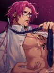  1boy abs artist_name bara chest_tattoo collared_shirt glasses kunyu large_pectorals long_hair looking_to_the_side male_focus manly mature_male muscular muscular_male necktie necktie_grab neckwear_grab open_clothes open_mouth open_shirt pectorals ponytail purple_hair shirt signature solo tattoo teeth tonbokiri_(touken_ranbu) tongue touken_ranbu upper_body yellow_eyes 