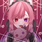  :3 ahoge animal_ears bangs bare_shoulders black_headwear black_ribbon blush braid braiding_hair button_eyes cat_ears cat_girl fangs frills hairdressing headshot heterochromia holding holding_toy indie_virtual_youtuber mikeneko_(utaite) natsumiruu pon-chan_(mikeneko) purple_eyes red_eyes ribbon sidelocks stuffed_animal stuffed_toy toy 