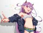  1girl bare_shoulders belt black_jacket blue_hair breasts choker collarbone cowboy_shot earrings fingernails highres jacket jewelry long_fingernails long_hair multicolored_hair open_mouth original pointy_ears ponkichi_(hazama_senkonmeiraku) purple_hair red_eyes red_nails sarashi shadow short_shorts shorts simple_background small_breasts solo streaked_hair teeth upper_teeth 