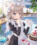  1girl ahoge animal_ear_fluff animal_ears apron black_dress blue_eyes blurry braid brown_hair cake cat_ears clock commentary_request depth_of_field dress finger_to_mouth flower food frills hat highres jar jimmy_madomagi juliet_sleeves kitchen long_sleeves looking_at_viewer maid maid_apron medium_hair mob_cap original pastry_bag picture_frame pink_flower plant puffy_sleeves revision rose solo wall_clock 