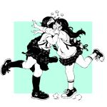  2girls closed_eyes heart highres hug long_hair m_k mask monochrome multiple_girls original ponytail short_hair skirt standing standing_on_one_leg symbol-only_commentary yuri 