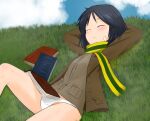  1girl black_hair blush bomber_jacket book brave_witches breasts cameltoe closed_eyes eyebrows_visible_through_hair highres jacket kanno_naoe kukoroko lying on_back outdoors panties scarf shiny shiny_hair shiny_skin short_hair sky sleeping small_breasts solo underwear white_panties world_witches_series 