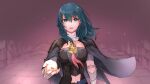  1girl armor bangs blue_eyes blue_hair breasts byleth_(fire_emblem) byleth_(fire_emblem)_(female) cape eyebrows_visible_through_hair fire_emblem fire_emblem:_three_houses floating_hair grey_cape hair_between_eyes holding holding_jewelry holding_ring jewelry long_hair looking_at_viewer medium_breasts midriff navel open_mouth pink_background reaching_out ring robaco shiny shiny_hair shoulder_armor solo stomach straight_hair upper_body 