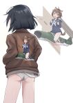  2girls animal_ears ass black_hair blush bomber_jacket brave_witches brown_eyes brown_hair dog_ears dog_tail dress from_behind highres jacket kanno_naoe karibuchi_hikari multiple_girls olive_gun_on_a_pigeon open_mouth panties sailor_dress shiny shiny_hair shiny_skin short_hair simple_background smile squirrel_ears squirrel_tail tail underwear white_background white_panties world_witches_series 