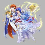  1boy 1girl :d axe blue_cape blue_eyes blue_hair boots bouquet breasts cape cleavage commentary_request dress elbow_gloves feather_trim fire_emblem fire_emblem:_the_binding_blade fire_emblem_heroes full_body gloves grey_background grin hair_ornament high_heel_boots high_heels highres lilina_(fire_emblem) long_hair medium_breasts official_alternate_costume open_mouth partial_commentary petals red_hair roy_(fire_emblem) see-through simple_background smile thigh_boots thighhighs tsukimura_(d24f4z8j3t) tuxedo veil wedding wedding_dress white_dress white_footwear white_gloves 