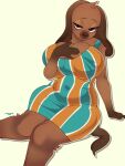  2022 5_fingers animal_crossing anthro artist_name bea_(animal_crossing) bedroom_eyes belly big_breasts black_nose breasts brown_body brown_fur canid canine canis cherrikissu cleavage clothed clothing curvy_figure domestic_dog dress eyebrows female fingers floppy_ears freckles fur half-closed_eyes hand_on_breast hi_res huge_breasts looking_at_viewer mammal narrowed_eyes nintendo seductive simple_background sitting slightly_chubby smile solo tan_background thick_thighs tight_clothing video_games voluptuous wide_hips 