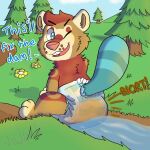  1:1 2022 anthro beaver biped detailed_background dialogue diaper english_text feces fur hi_res male mammal messy_diaper onomatopoeia open_mouth raised_tail rodent scat shadyadi1 sitting soiled_diaper soiling solo sound_effects text 