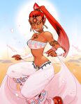  1girl armlet breasts brooch choker cleavage dark-skinned_female dark_skin day desert detached_sleeves earrings english_commentary eyeliner eyeshadow fingernails forehead_jewel gem gerudo hair_pulled_back harem_pants high_ponytail highres jewelry lipstick long_hair looking_to_the_side lowleg lowleg_pants makeup medium_breasts nabooru narrow_waist navel pants pink_lips pink_nails pink_pants pink_sleeves pointy_ears red_footwear red_hair solo strapless the_legend_of_zelda the_legend_of_zelda:_ocarina_of_time toned tube_top vashperado yellow_eyes yellow_eyeshadow 