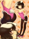  1girl ;p alternate_costume animal_ears arm_up bangs bare_shoulders black_hair black_legwear blush boa_(brianoa) breasts choker collarbone floppy_ears gloves grin hand_on_hip high_heels highres inaba_tewi one_eye_closed pantyhose pink_choker playboy_bunny rabbit_ears red_eyes shoulder_blades small_breasts smile solo tongue tongue_out touhou twitter_username v white_gloves 