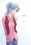  1girl blue_hair botan_(yu_yu_hakusho) cherry_blossoms cowboy_shot denim eyebrows_visible_through_hair imuro jeans long_hair long_sleeves pants petals pink_shirt purple_eyes red_vest shirt sidelocks simple_background smile solo vest yu_yu_hakusho 