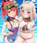  2girls aa-12_(girls&#039;_frontline) aa-12_(the_sun_never_rises)_(girls&#039;_frontline) ahoge arm_at_side bangs bead_bracelet beads bikini black_bikini blue_eyes blue_sky bracelet breast_press breasts brown_eyes candy choker cleavage cloud commentary_request commission cosplay costume_switch criss-cross_halter day dress dyne_gallon eyebrows_visible_through_hair food food_in_mouth girls&#039;_frontline hair_ornament hair_ribbon halterneck hand_on_another&#039;s_waist highres horizon jewelry light_brown_hair lollipop mp7_(girls&#039;_frontline) mp7_(lollipop_ammo)_(girls&#039;_frontline) multiple_girls navel ocean official_alternate_costume open_mouth outdoors ponytail red_hair ribbon see-through see-through_dress see-through_shirt short_dress side-tie_bikini skeb_commission sky standing stomach swimsuit symmetrical_docking white_bikini 