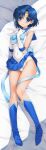  1girl absurdres bishoujo_senshi_sailor_moon blue_bow blue_eyes blue_footwear blue_ribbon blush boots bow earrings elbow_gloves full_body gloves highres jewelry leotard looking_at_viewer mitarashi_kousei pleated_skirt ribbon sailor_mercury sailor_senshi sailor_senshi_uniform short_hair skirt smile solo thigh_boots white_gloves white_leotard 