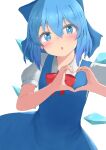  1girl absurdres blue_dress blue_eyes blue_hair blush bow cirno dress hair_between_eyes hair_bow heart heart_hands highres ice ice_wings looking_at_viewer mizune_(winter) puffy_short_sleeves puffy_sleeves short_hair short_sleeves solo symbol-shaped_pupils touhou wings 