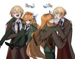  2girls black_jacket blonde_hair blush carrying closed_eyes don_quixote_(limbus_company) formal freckles green_eyes highres ishmael_(limbus_company) jacket limbus_company mu46016419 multiple_girls necktie orange_hair project_moon red_necktie shirt suit yellow_eyes 