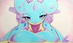  025aki absurd_res bedroom_eyes blue_eyes blush crossed_arms eyelashes female feral half-closed_eyes hi_res horn lapras looking_at_viewer lying narrowed_eyes nintendo on_front pok&eacute;mon pok&eacute;mon_(species) seductive solo traditional_media_(artwork) video_games 