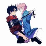  2boys amayado_rei amemura_ramuda black_footwear black_hair blue_eyes bound face-to-face facial_hair height_difference highres hypnosis_mic jacket looking_at_another multiple_boys ox79xo pink_hair red_shirt restrained scar scar_across_eye shirt short_hair sitting sitting_on_lap sitting_on_person tied_up_(nonsexual) yaoi 