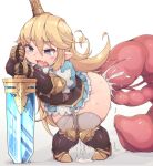  1girl bangs blonde_hair blue_dress blue_eyes blush boots brown_gloves charlotta_(granblue_fantasy) commentary_request crown dress eyebrows_visible_through_hair gloves granblue_fantasy grey_legwear harvin heo_(tkgm) highres holding holding_sword holding_weapon knee_boots long_hair open_mouth planted planted_sword pointy_ears puffy_sleeves shadow simple_background solo sword tears tentacle_sex tentacles thick_thighs thighhighs thighs tsurime weapon white_background 