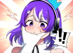  ! !! 1girl blush close-up gloves hand_on_another&#039;s_face headphones highres hinghoi merryweather microphone purple_eyes purple_hair shirt sleeveless sleeveless_shirt twitch.tv white_gloves 