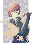  1boy bangs brown_hair fire_emblem fire_emblem_fates hisame_(fire_emblem) holding holding_sword holding_weapon japanese_clothes katana looking_to_the_side male_focus medium_hair nishimura_(nianiamu) solo sword upper_body weapon 