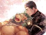  2boys armband arsalan_(housamo) bara black_fur black_hair bodysuit couple facial_hair fangs furry furry_male green_fur large_pectorals lion_boy looking_at_another lying lying_on_person male_focus manly mature_male multicolored_fur multiple_boys muscular muscular_male nipples on_back open_mouth pectorals smile stubble teeth thick_arms thick_eyebrows tight tokyo_afterschool_summoners tongue topless_male tusks upper_body wafu_(youzora_samo18) white_fur yaoi zabaniyya_(housamo) 