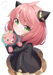 1girl ahoge anya_(spy_x_family) bangs black_dress blush closed_mouth dress green_eyes hairpods highres holding holding_stuffed_toy long_hair long_sleeves looking_at_viewer nahaki pink_hair signature simple_background smile solo spy_x_family stuffed_animal stuffed_toy white_background 