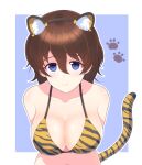  1girl absurdres akaboshi_koume animal_ears animal_print arms_behind_back bangs bikini blue_eyes blush border breasts brown_hair cleavage closed_mouth commentary_request eyebrows_visible_through_hair fake_animal_ears fake_tail girls_und_panzer halterneck highres iteza_(flapper_girl_25) large_breasts leaning_forward looking_at_viewer navel orange_bikini outline outside_border partial_commentary paw_print print_bikini short_hair smile solo swimsuit tail tiger_ears tiger_print tiger_tail upper_body upturned_eyes wavy_hair white_border white_outline 