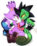  anthro blaze_the_cat blush butt clothing domestic_cat duo eye_contact felid feline felis female footwear fur hair hi_res ichig8miruku_(artist) lizard long_tail long_tongue looking_at_another male male/female mammal purple_body purple_fur reptile romantic scalie sega shoes sonic_the_hedgehog_(series) tongue 