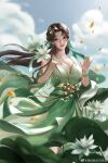  1girl absurdres baiguio_(zhu_xian) blue_sky brown_hair chinese_clothes cloud dress facial_mark flower forehead_mark green_dress gui_li_li_jin_fanchen hair_ornament highres holding holding_flower long_hair looking_at_viewer petals sky smile solo upper_body waving zhu_xian 