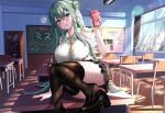  1girl absurdres ass bare_shoulders black_footwear black_panties black_skirt breasts brown_legwear classroom clothing_cutout collared_shirt commission crop_top desk fine_fabric_emphasis green_eyes green_hair hair_bun highres holding indie_virtual_youtuber indoors large_breasts long_hair looking_at_viewer midriff milk_carton miniskirt misu_(vtuber) neck_ribbon open_mouth panties pleated_skirt ribbon school_desk shirt shoe_dangle shoes short_sleeves shoulder_cutout side_bun sidelocks skirt solo thighhighs thighs underwear very_long_hair virtual_youtuber vitaminechan wet white_shirt 