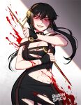  1girl artist_name bare_shoulders black_dress black_gloves black_hair blood blood_on_arm blood_on_wall blush blushy-pixy breasts cleavage cowboy_shot dagger dress earrings fingerless_gloves gloves gold_hairband hair_between_eyes highres holding holding_dagger holding_weapon jewelry knife large_breasts lipstick long_hair looking_at_viewer makeup midriff navel panties panty_peek red_eyes red_lips red_panties shadow solo spy_x_family torn_clothes torn_dress underwear weapon yor_briar 
