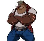  absurd_res anthro bottomwear brown_body brown_fur cigar clothing crossed_arms darknaigart flannel_shirt fur grey_clothing grey_shirt grey_topwear hat headgear headwear hi_res male mammal muscular muscular_anthro muscular_male pants shirt simple_background smoke solo topwear ursid white_background 